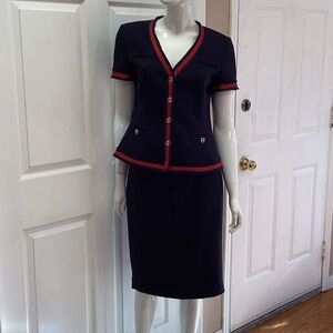 Sandra Angelozzi FEMME Women's Navy Suit Skirt Set, Red Trim, Fringe Accents NWT